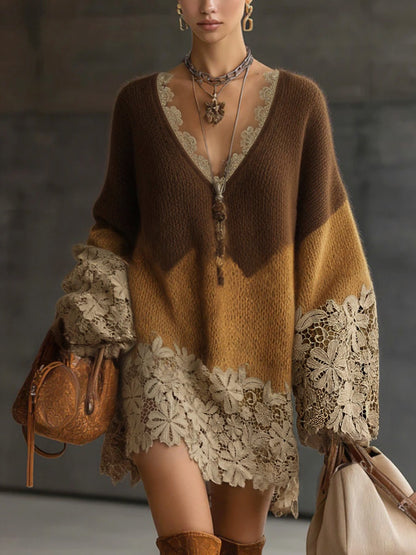 Rosalie | Robe Pull Courte Oversize en Maille Dégradé Marron et Dentelle