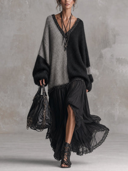 Vestido largo de punto oversize con patchwork de gasa