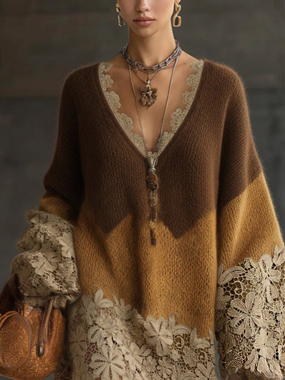 Rosalie | Robe Pull Courte Oversize en Maille Dégradé Marron et Dentelle