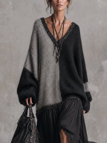 Vestido largo de punto oversize con patchwork de gasa