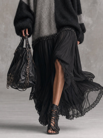 Vestido largo de punto oversize con patchwork de gasa