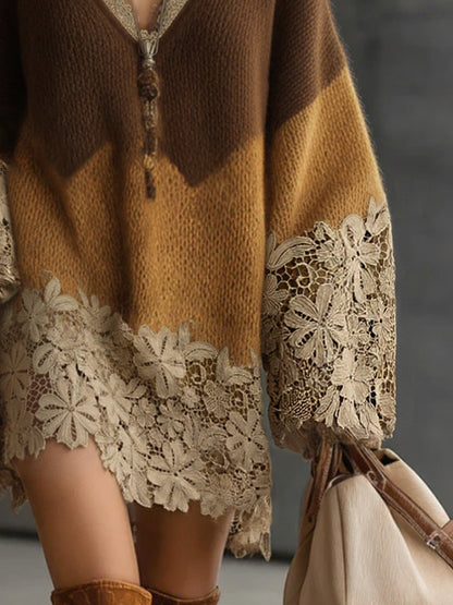 Rosalie | Robe Pull Courte Oversize en Maille Dégradé Marron et Dentelle