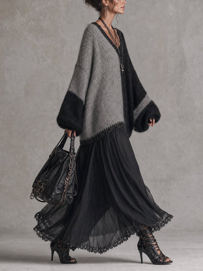 Vestido largo de punto oversize con patchwork de gasa