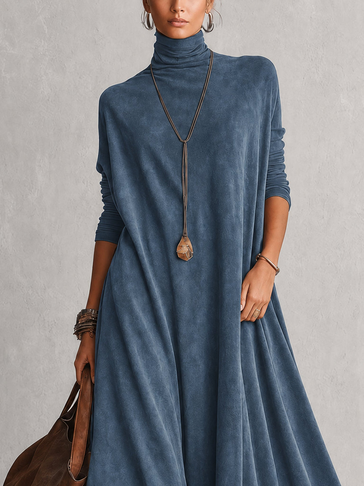 Albane - Robe Longue Effet Suédine à Ourlet en Dentelle