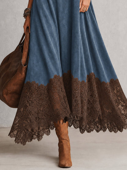 Albane - Robe Longue Effet Suédine à Ourlet en Dentelle