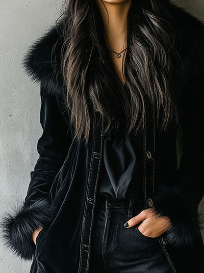 Clémentine | Manteau Long en Velours Noir à Col et Poignets Fausse Fourrure