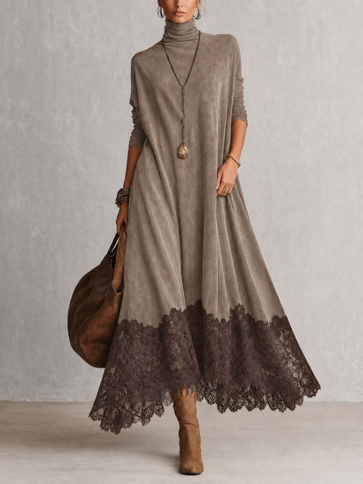 Albane - Robe Longue Effet Suédine à Ourlet en Dentelle