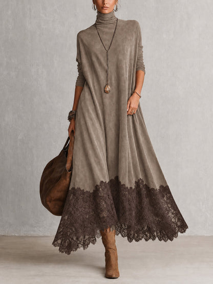 Albane - Robe Longue Effet Suédine à Ourlet en Dentelle