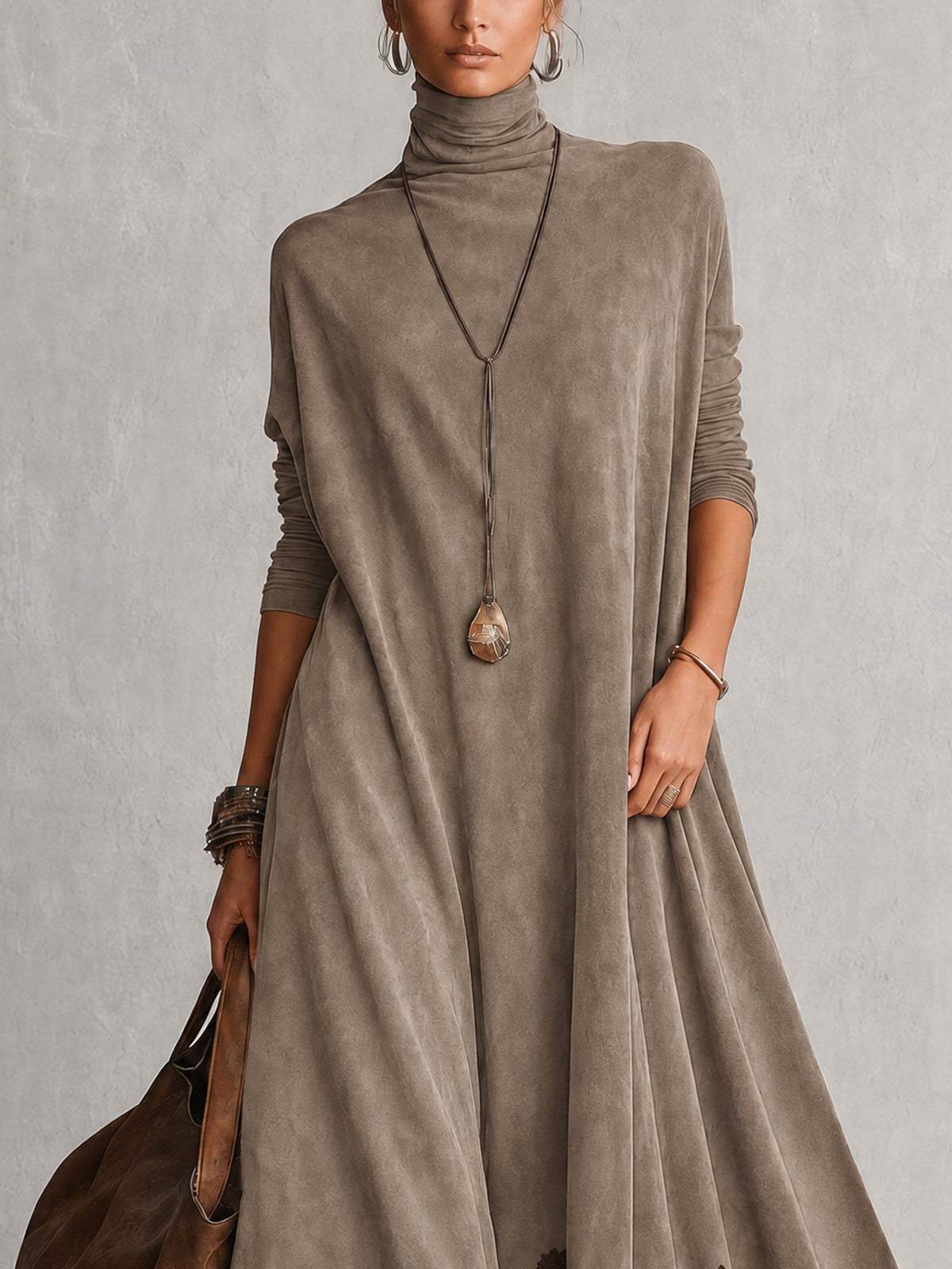 Albane - Robe Longue Effet Suédine à Ourlet en Dentelle