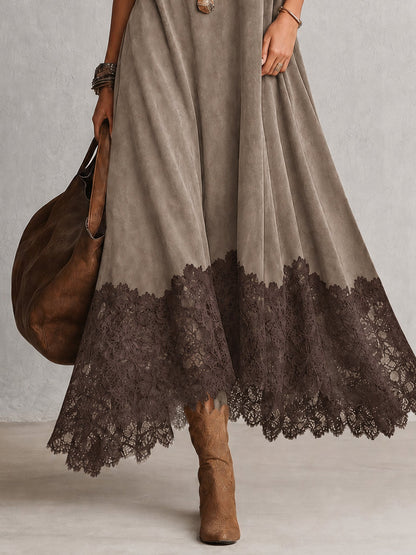Albane - Robe Longue Effet Suédine à Ourlet en Dentelle