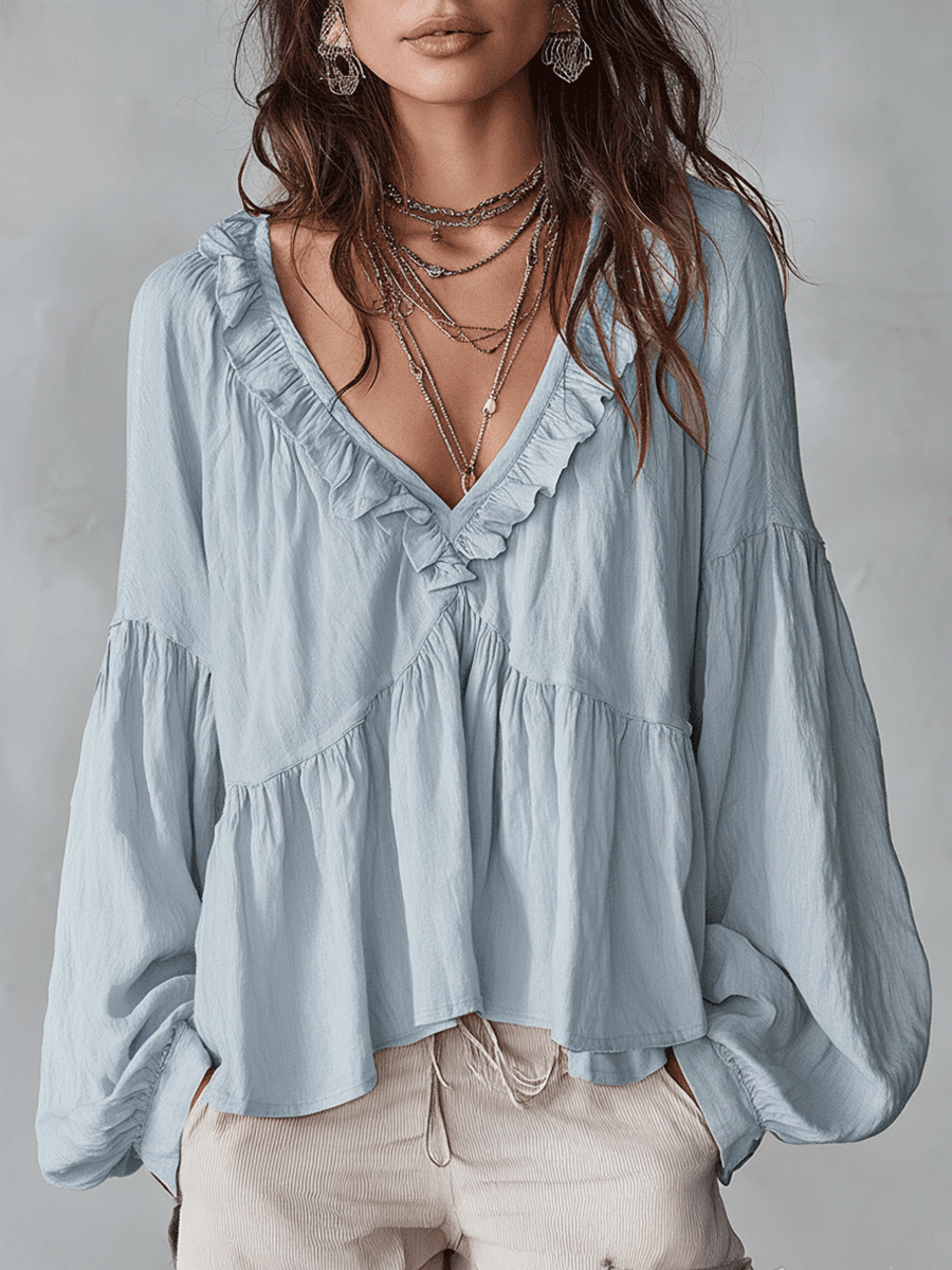 Airy Vintage-Inspired Ruffle Soft Ruffle Bohemian Blouse