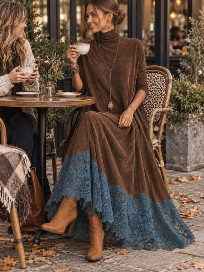 Albane - Robe Longue Effet Suédine à Ourlet en Dentelle