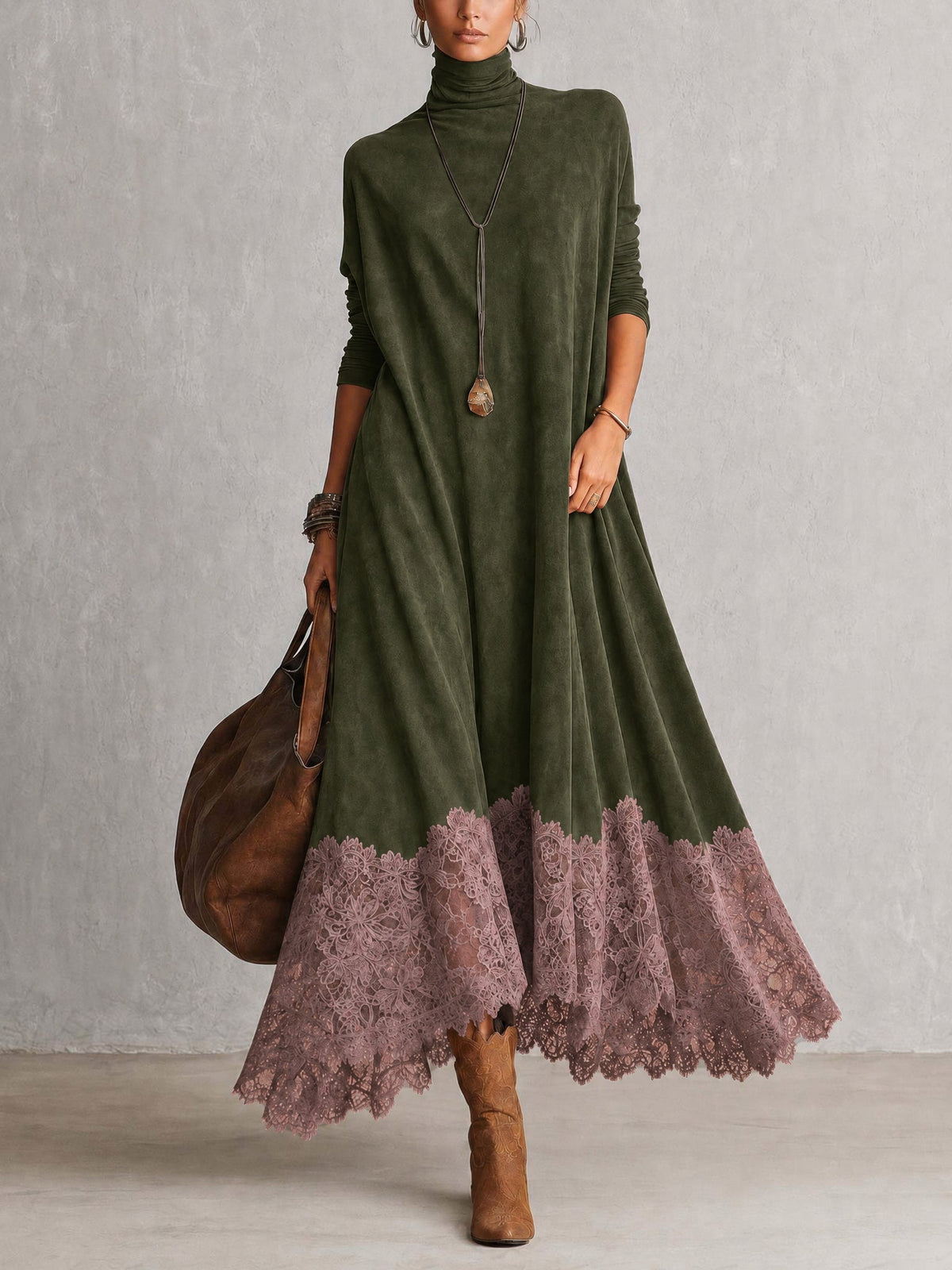 Albane - Robe Longue Effet Suédine à Ourlet en Dentelle