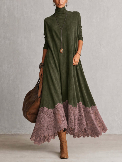 Albane - Robe Longue Effet Suédine à Ourlet en Dentelle