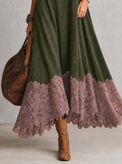 Albane - Robe Longue Effet Suédine à Ourlet en Dentelle