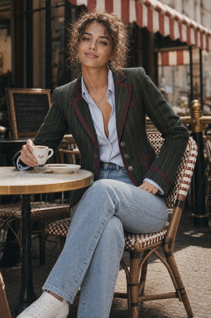 Bérénice | Blazer Rayé Rétro à Passepoil Contrastant