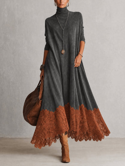 Albane - Robe Longue Effet Suédine à Ourlet en Dentelle