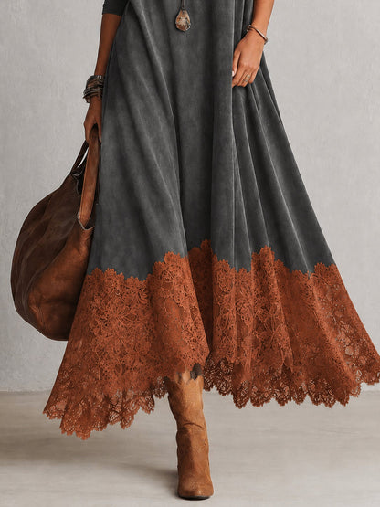Albane - Robe Longue Effet Suédine à Ourlet en Dentelle