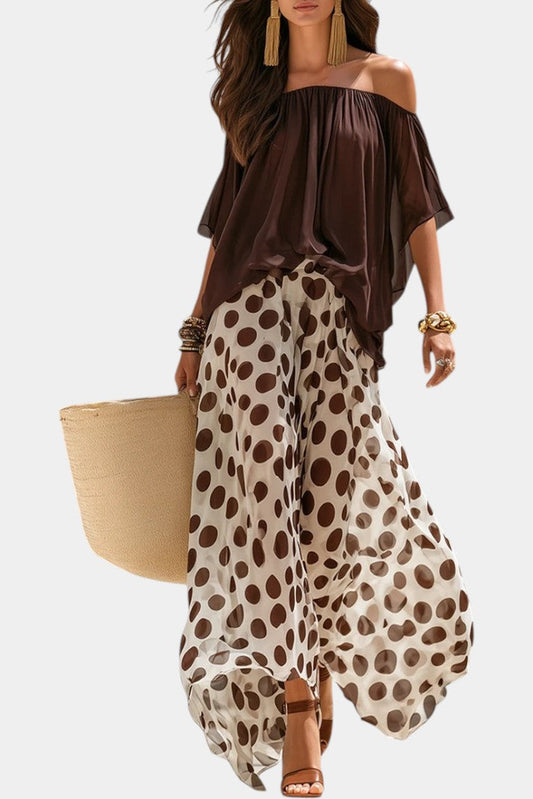 Liliana - Ensemble Top Épaules Dénudées & Pantalon Large à Pois