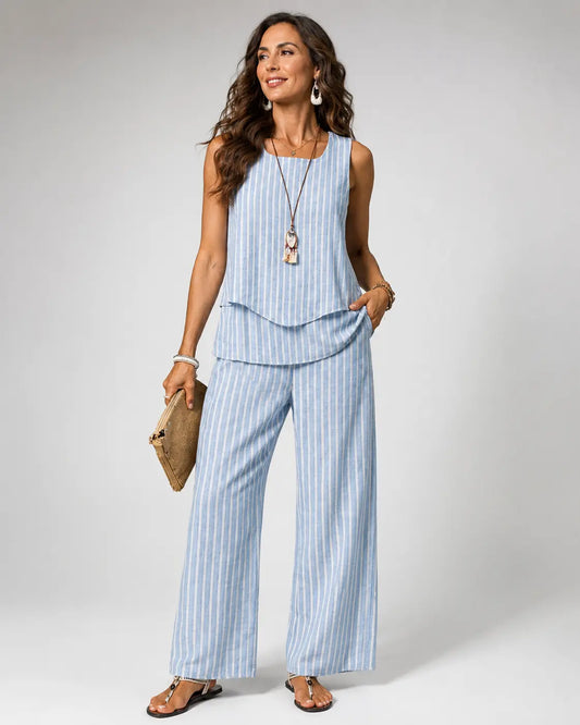 Nicolasa™ | Ensemble Rayures Bleues Top et Pantalon Large