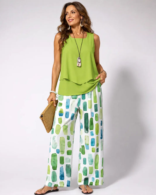 Sabina™ | Ensemble Top Vert et Pantalon Géométrique