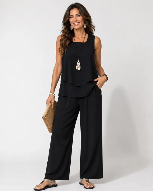 Eloísa™ | Ensemble Noir Top en Couches et Pantalon Large