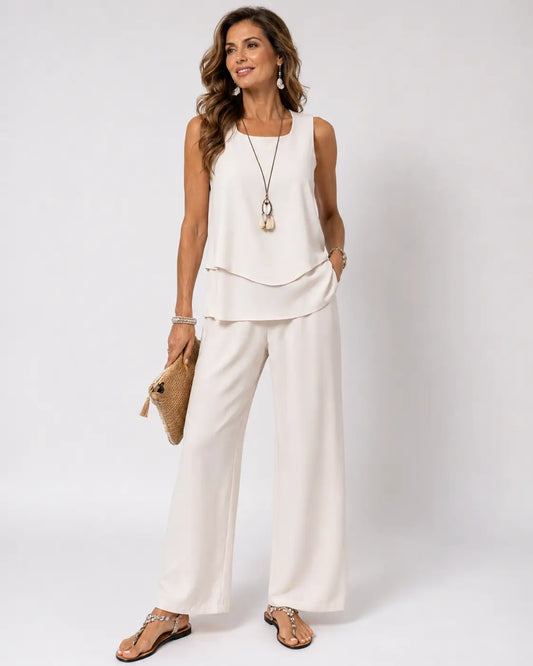 Leandra™ | Ensemble Crème Satiné Top en Couches et Pantalon