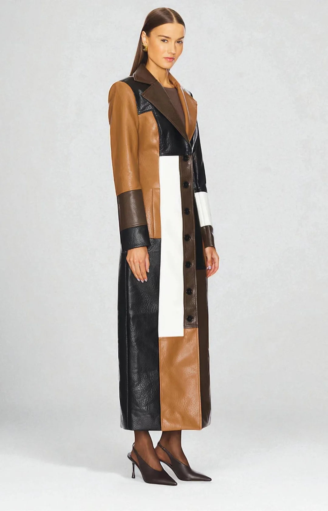 Élodie | Trench long effet cuir à empiècements contrastés