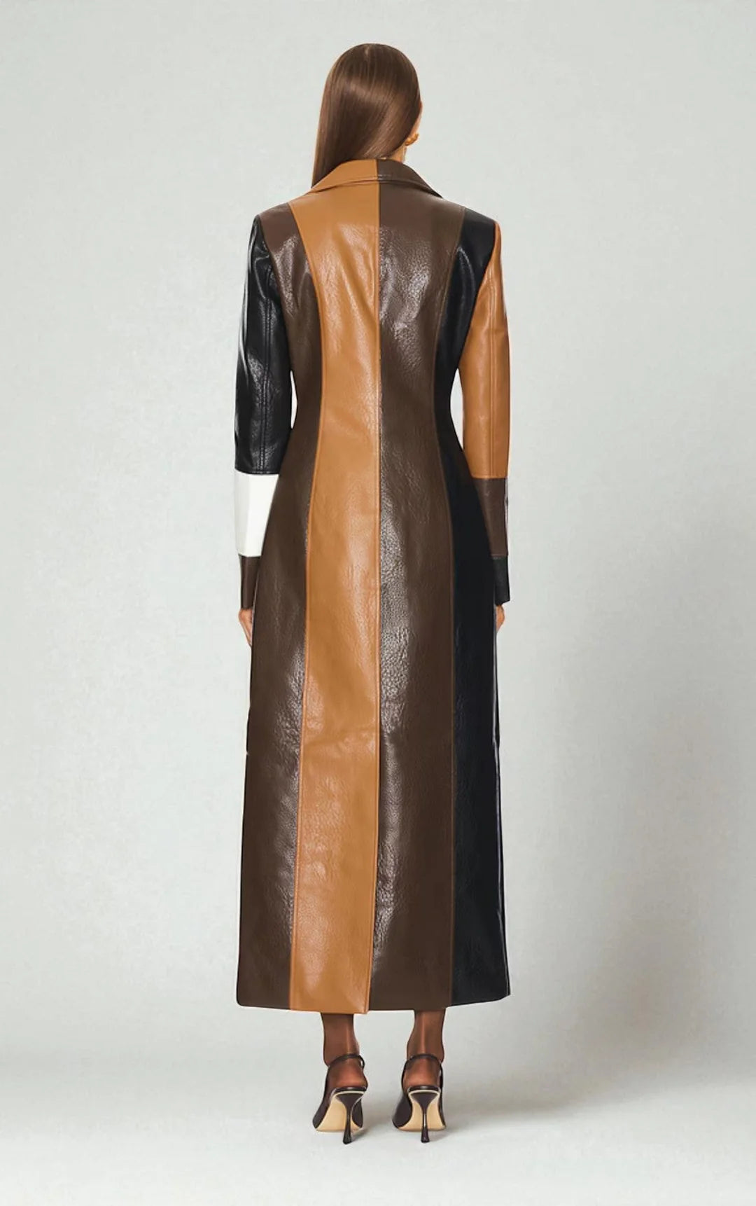 Élodie | Trench long effet cuir à empiècements contrastés
