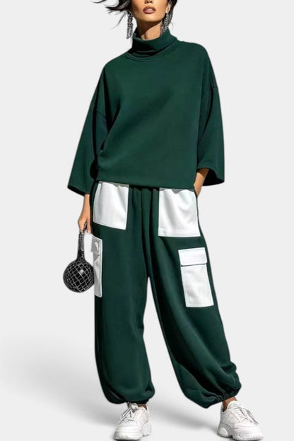Alejandra - Ensemble Décontracté Col Roulé & Pantalon Cargo Contrasté