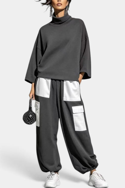 Alejandra - Ensemble Décontracté Col Roulé & Pantalon Cargo Contrasté
