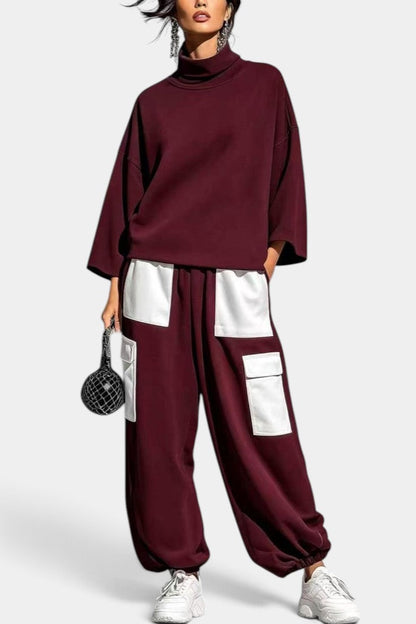 Alejandra - Ensemble Décontracté Col Roulé & Pantalon Cargo Contrasté