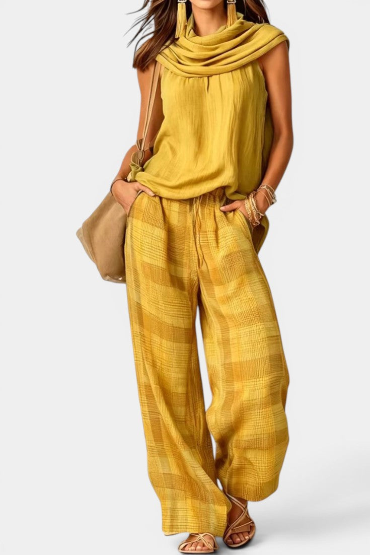 Trove - Ensemble Top Col Drapé & Pantalon Large à Carreaux