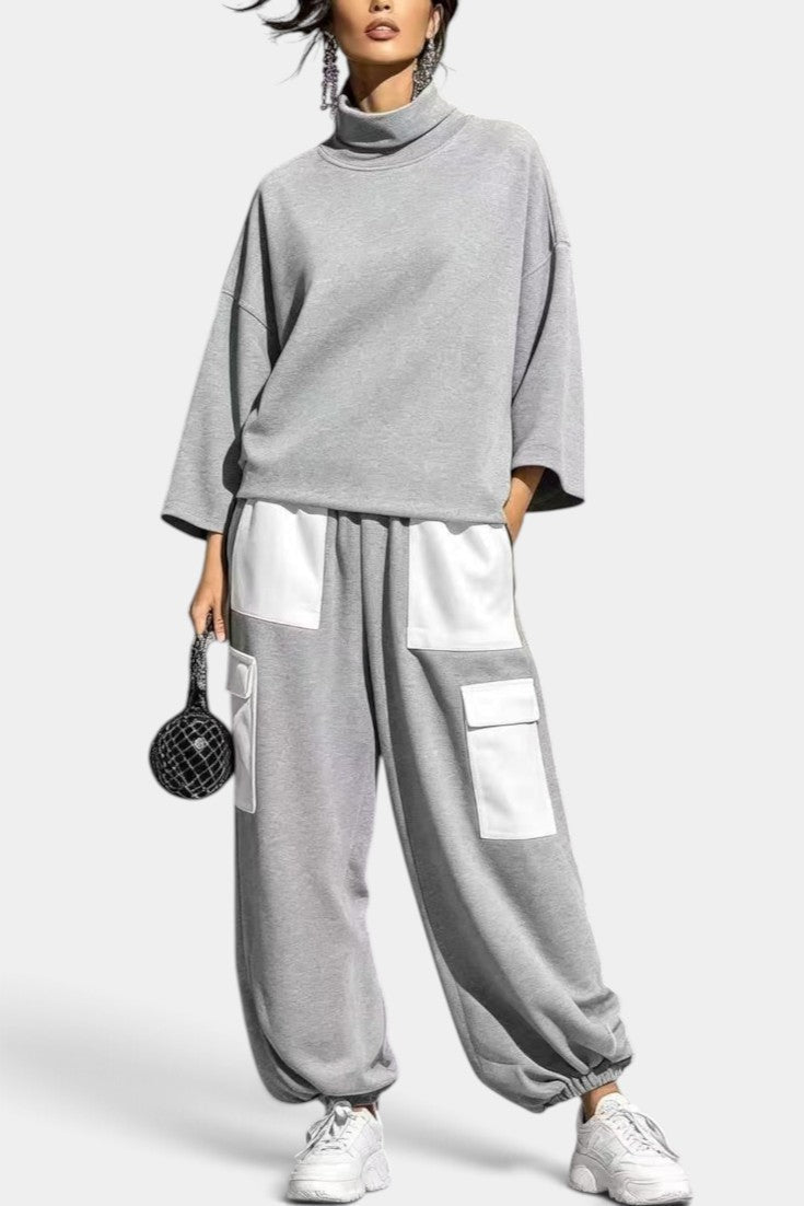 Alejandra - Ensemble Décontracté Col Roulé & Pantalon Cargo Contrasté
