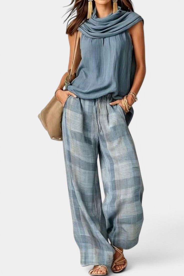 Trove - Ensemble Top Col Drapé & Pantalon Large à Carreaux