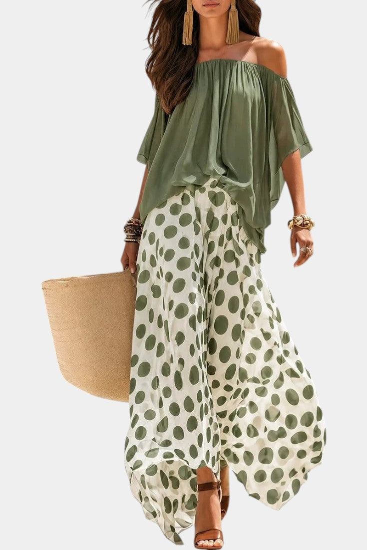Liliana - Ensemble Top Épaules Dénudées & Pantalon Large à Pois