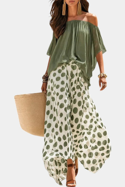 Liliana - Ensemble Top Épaules Dénudées & Pantalon Large à Pois