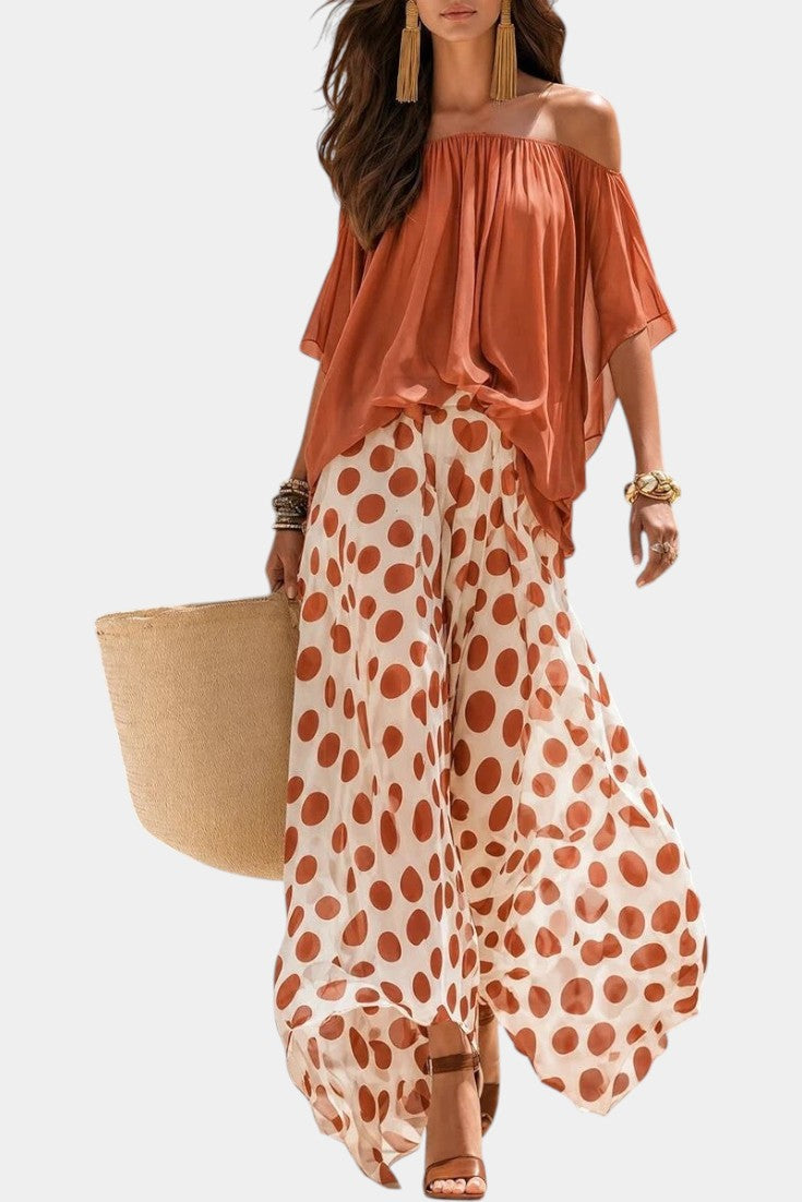 Liliana - Ensemble Top Épaules Dénudées & Pantalon Large à Pois
