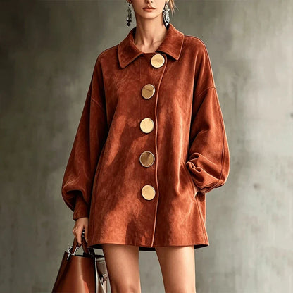Shannon | Faux Suede Lapel Coat With Oversized Gold Buttons