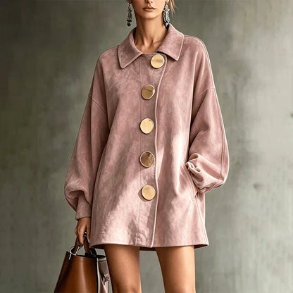 Shannon | Faux Suede Lapel Coat With Oversized Gold Buttons