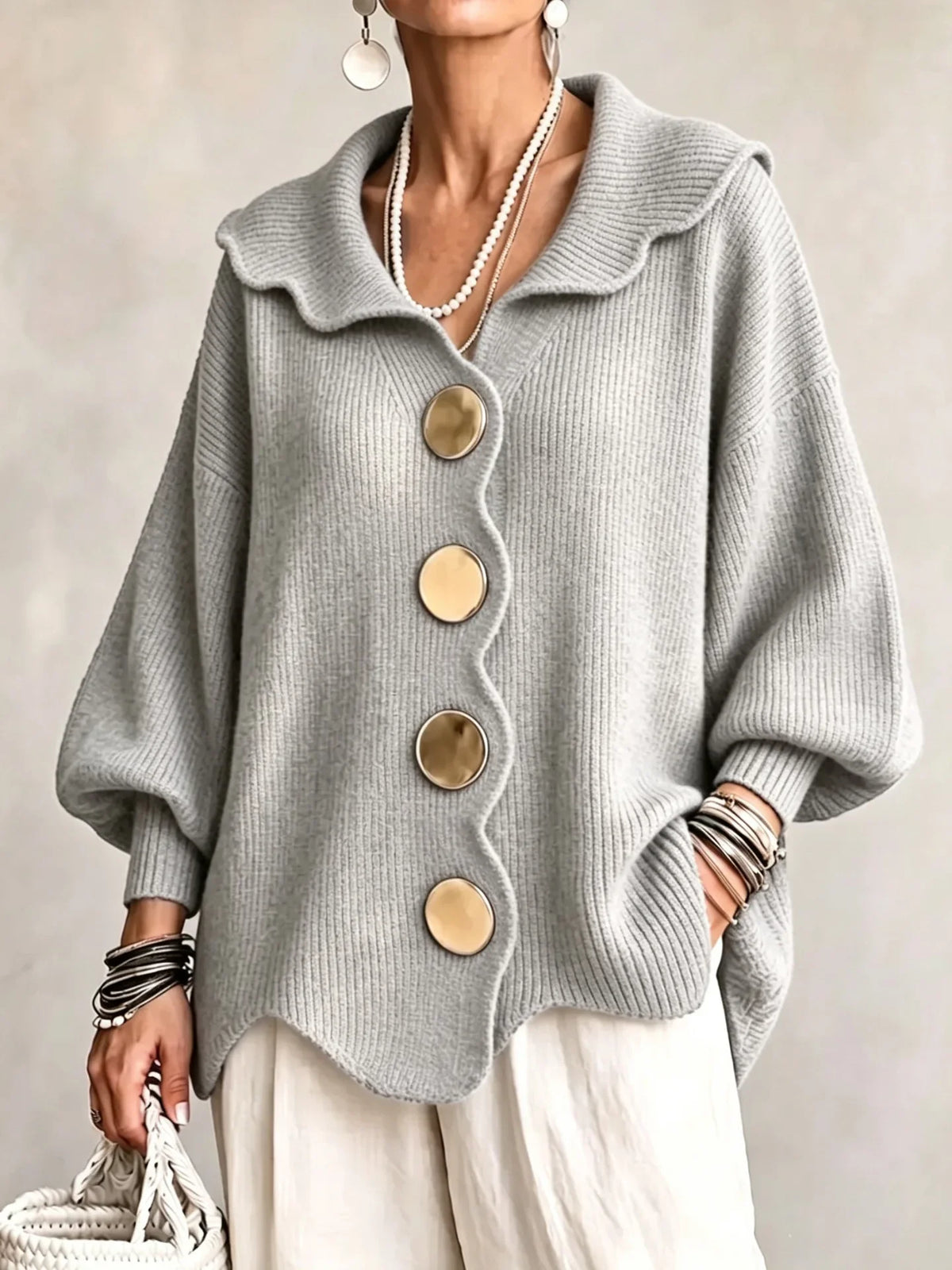Amaria | Scalloped Open-Front Cardigan With Statement Buttons