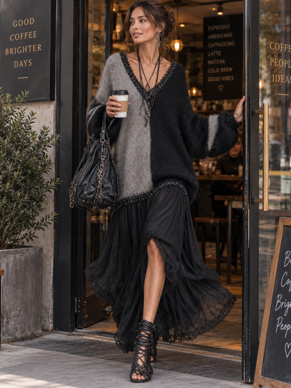 Vestido largo de punto oversize con patchwork de gasa