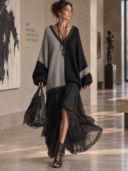 Vestido largo de punto oversize con patchwork de gasa