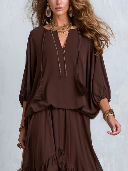 Ondine | Ensemble Haut Chiffon Marron à Franges et Jupe Volantée