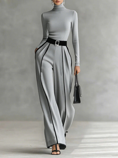 Adèle | Ensemble Col Haut à Liserés Blancs et Pantalon Large