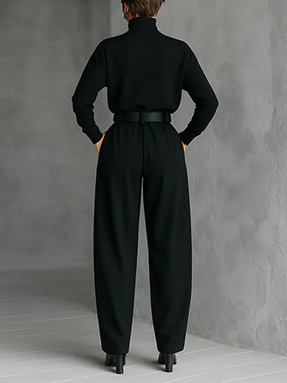 Noëlla | Ensemble Haut Col Roulé Noir et Pantalon Droit
