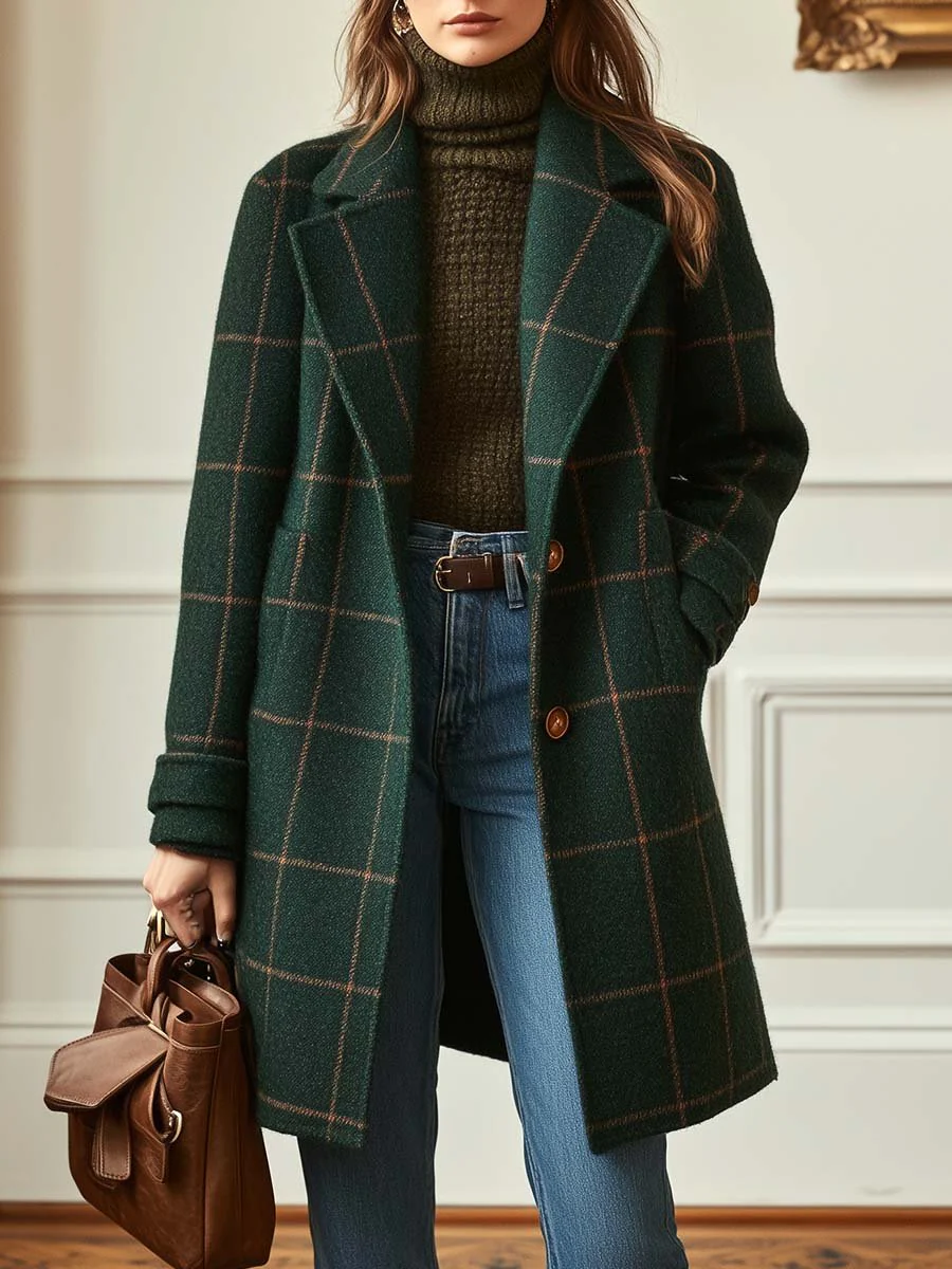 Mireille | Manteau Mi-Long Vintage à Carreaux Verts et Col à Revers