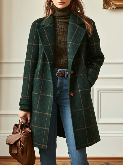 Mireille | Manteau Mi-Long Vintage à Carreaux Verts et Col à Revers