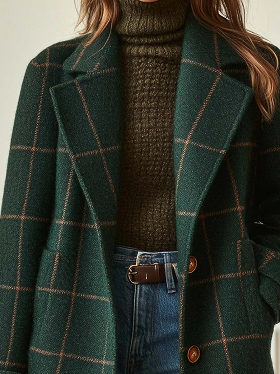 Mireille | Manteau Mi-Long Vintage à Carreaux Verts et Col à Revers