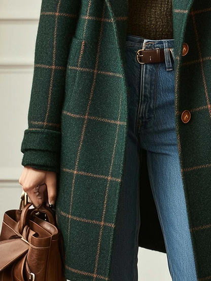 Mireille | Manteau Mi-Long Vintage à Carreaux Verts et Col à Revers
